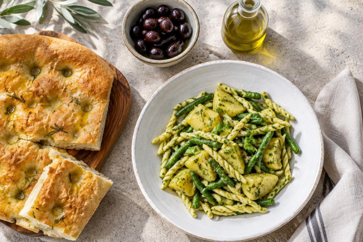 Illustration d’un déjeuner ligure : focaccia, pâtes au pesto et huile d’olive